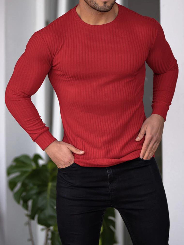 Fitness Casual Elastic Vertical Stripe Round Neck Long Sleeved T Shirt