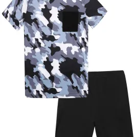 Top Grey Camo, Black Pants - Crew Neck