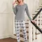 Top: light grey, pants: grey plaid