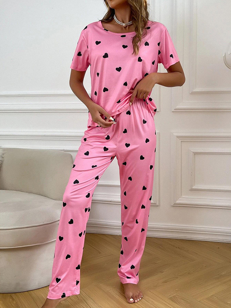 Women's heart print short-sleeved casual pajama sets
