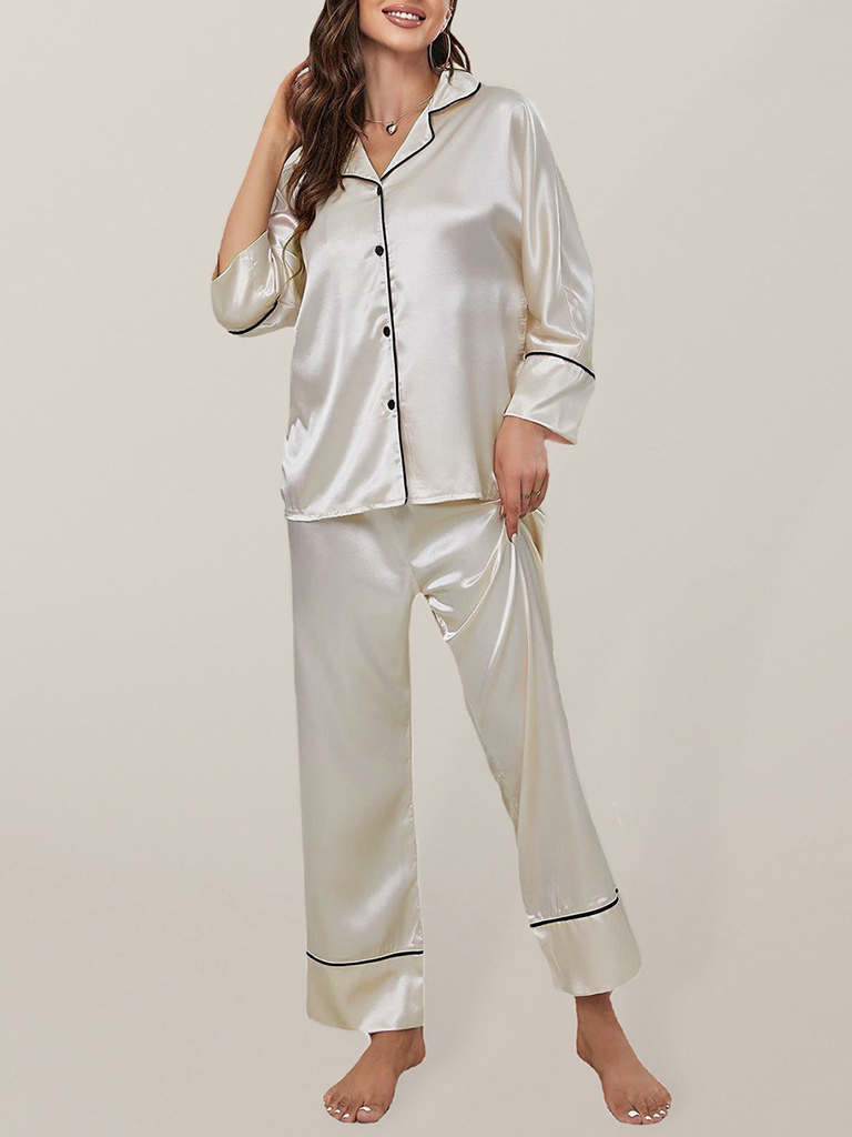 Women's color-blocking imitation silk long-sleeve pajama sets