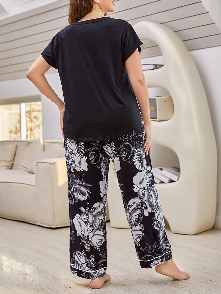 Plus Size women's V Neck Short Sleeve T-Shirt Floral Trousers Home Pajamas Set