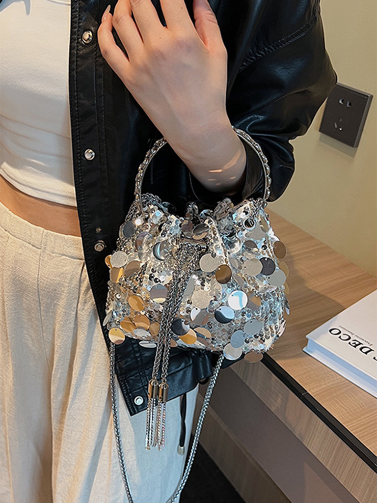 Metal tassel sequin evening bag hand-held crossbody bucket lipstick bag