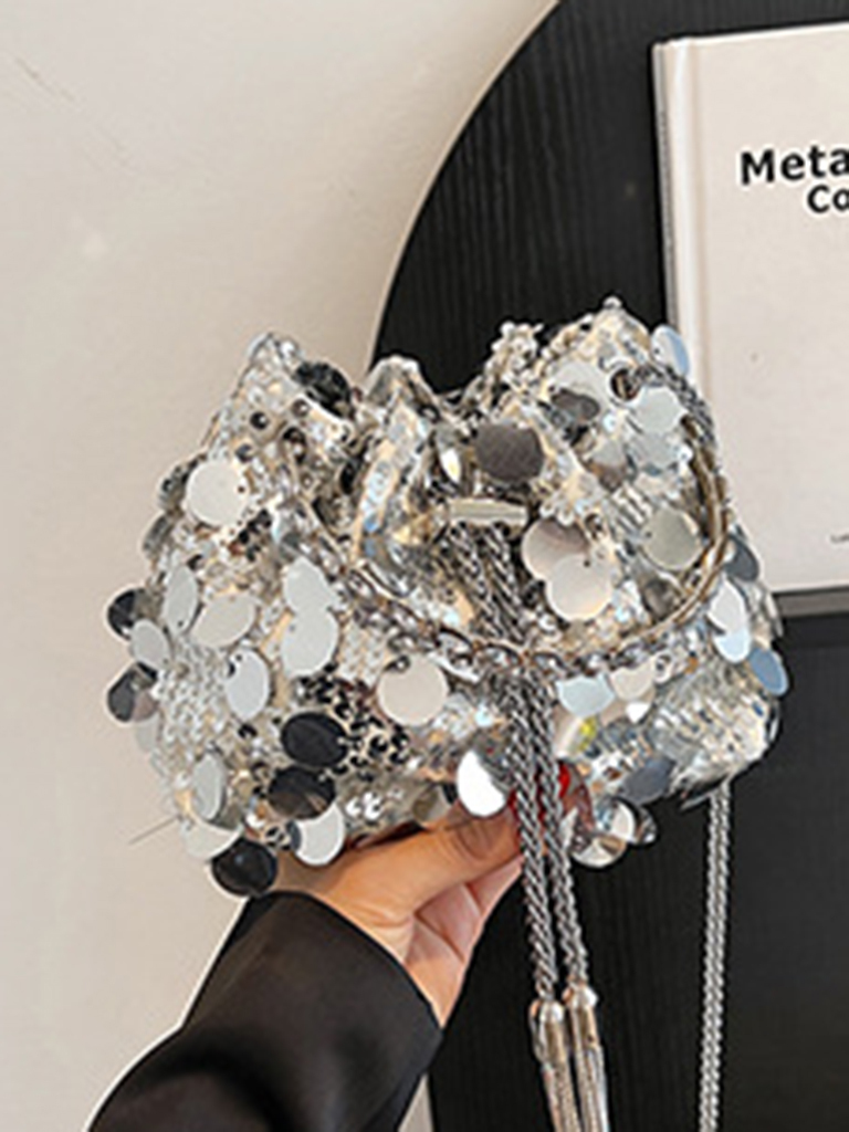 Metal tassel sequin evening bag hand-held crossbody bucket lipstick bag