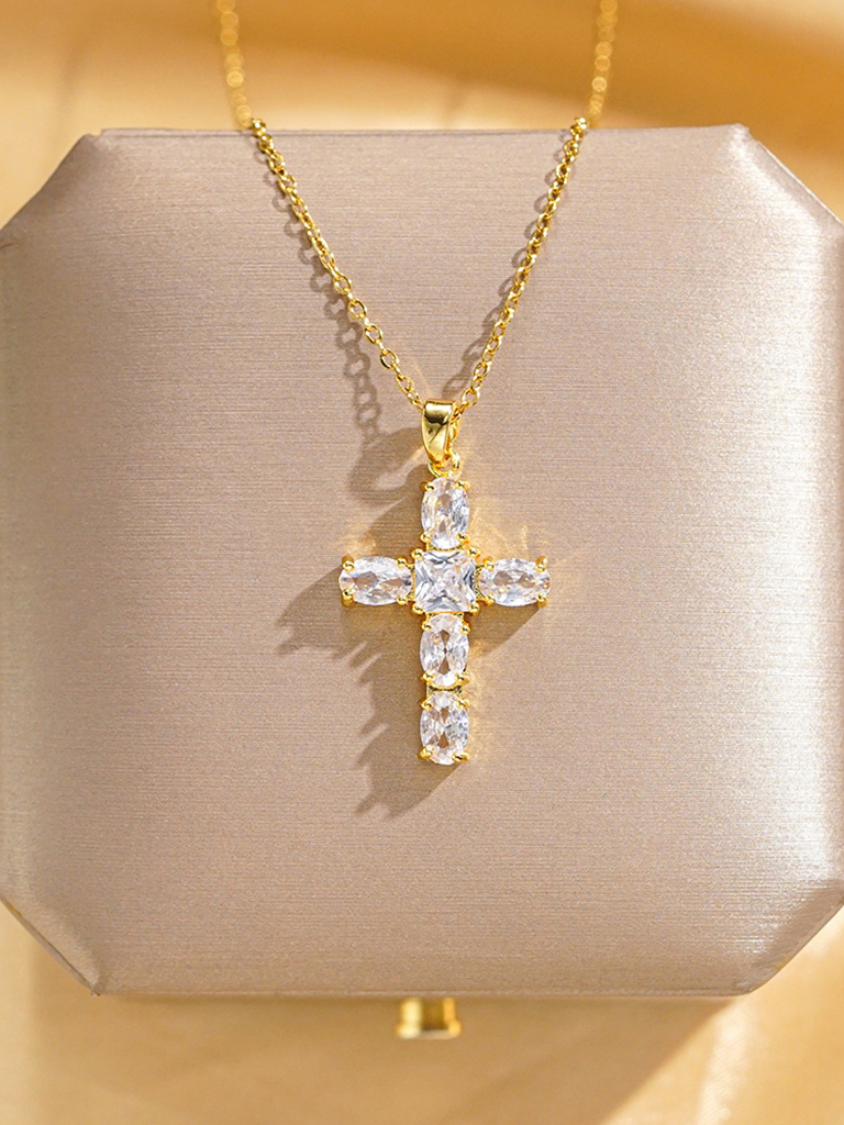 Inlaid zircon cross pendant necklace elegant clavicle chain