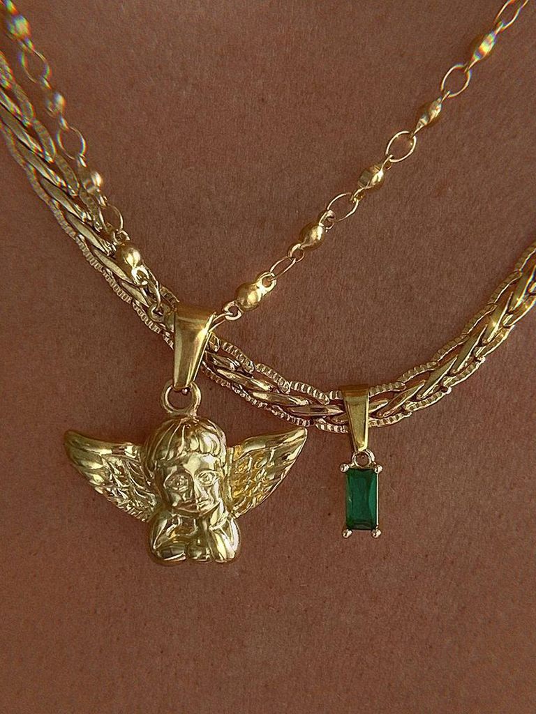 INS retro style angel Cupid + green zircon pendant necklace