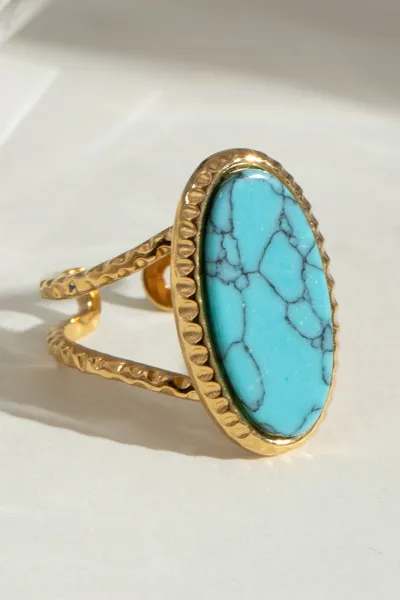Oval Blue Turquoise Tiger's Eye Adjustable Open Ring (Single Set)