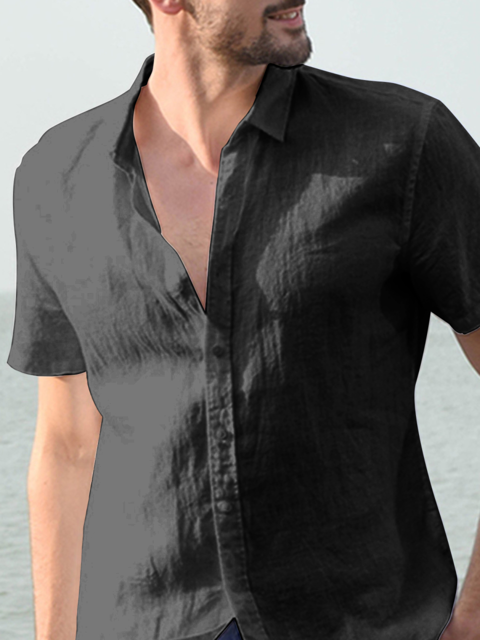 Men's Casual Linen Lapel Button Short-Sleeved Shirt