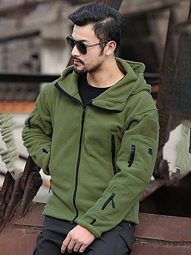 Men's Outdoor Warm Liner Fleece Jacket Cold-Proof Jacket Wind Hood Solid Color Hooded Jacket