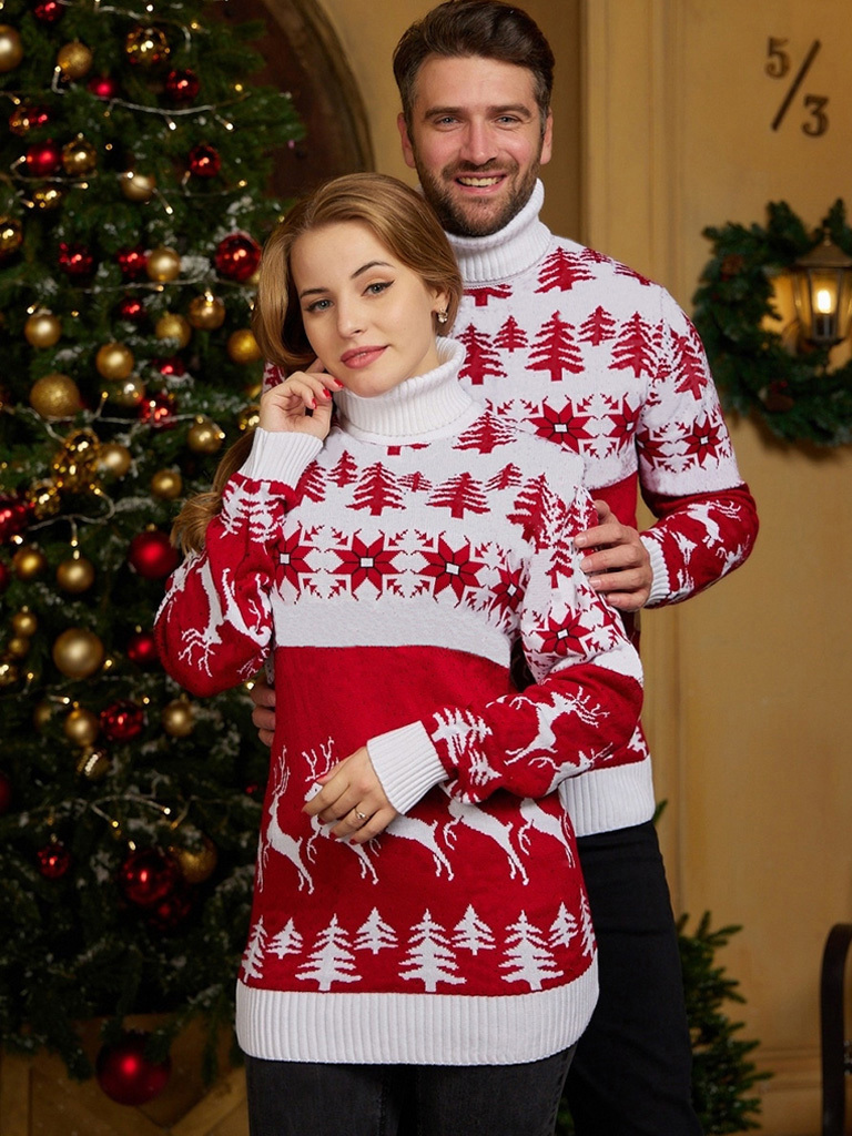 High Neck Christmas Theme Jacquard Couple Long Sleeve Sweater