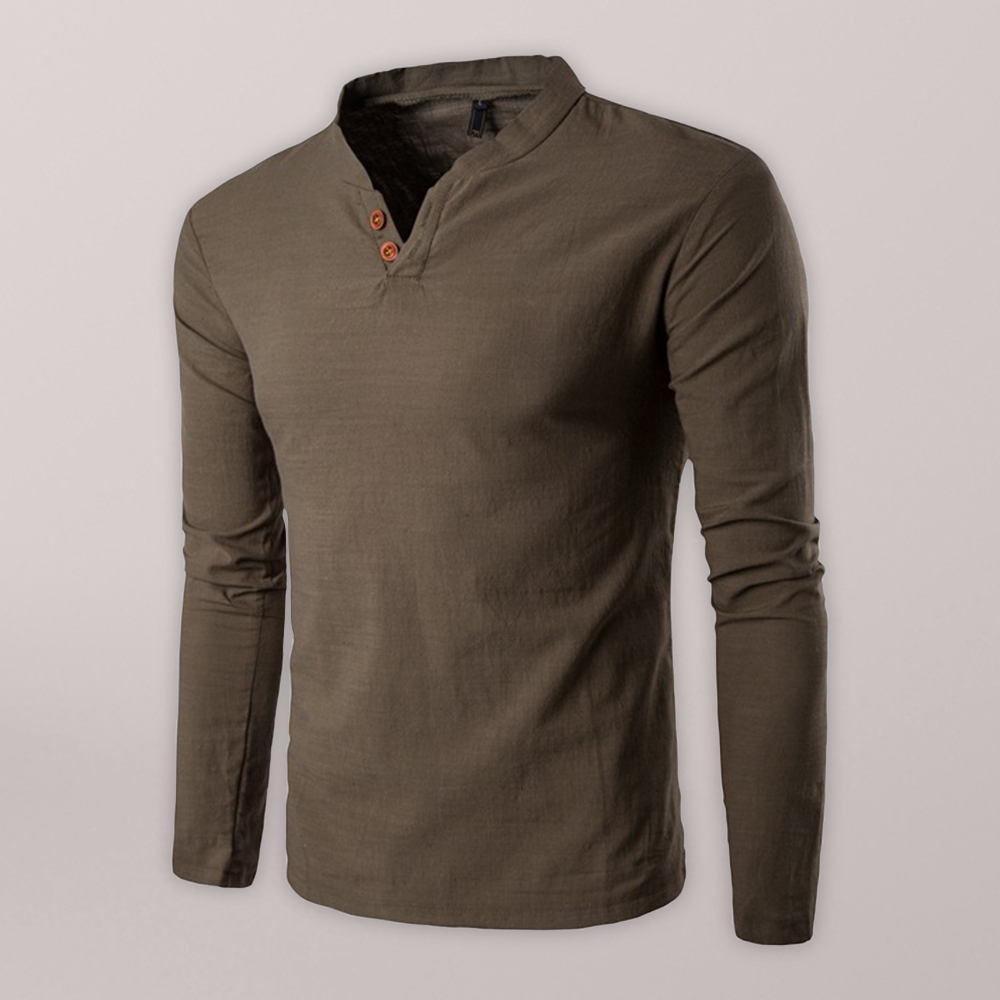 Men's Woven Cotton Linen Stand Collar Long Sleeve T-Shirt