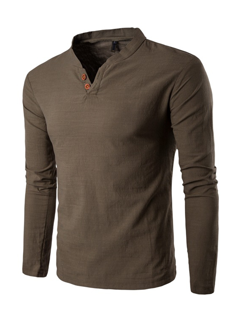 Men's Woven Cotton Linen Stand Collar Long Sleeve T-Shirt