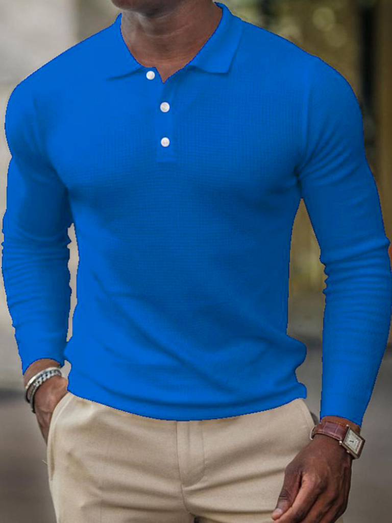 Men's solid-color button-down long-sleeve polo shirt