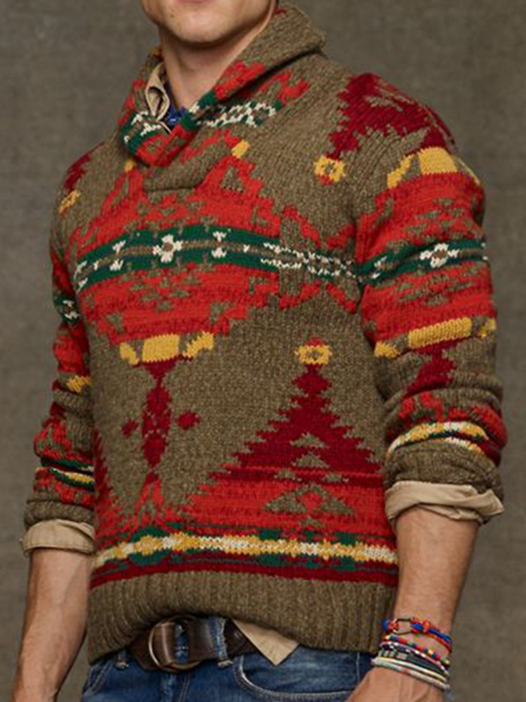 Men's retro geometric jacquard long-sleeved sweater