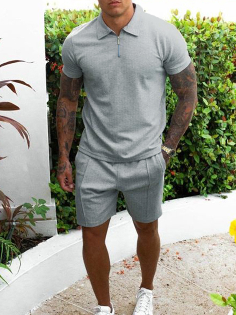 Men's casual zipper polo short-sleeved T-shirt + shorts two-piece set