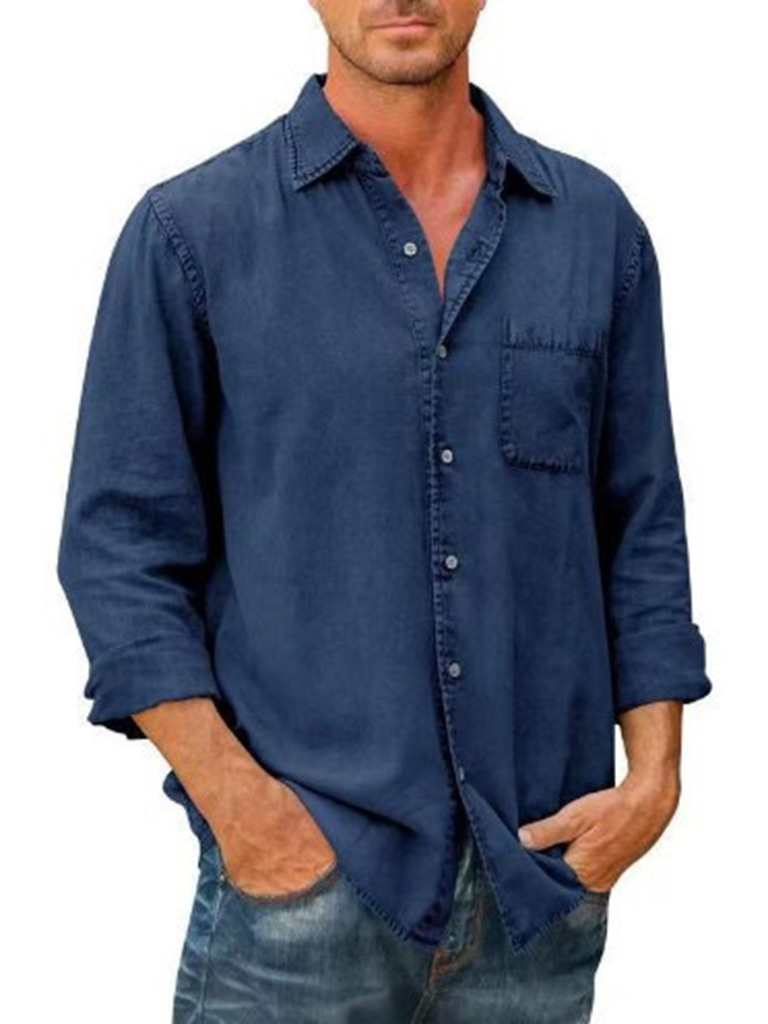Men's Casual Solid Color Long Sleeve Shirt Slim Fit Lapel Shirt