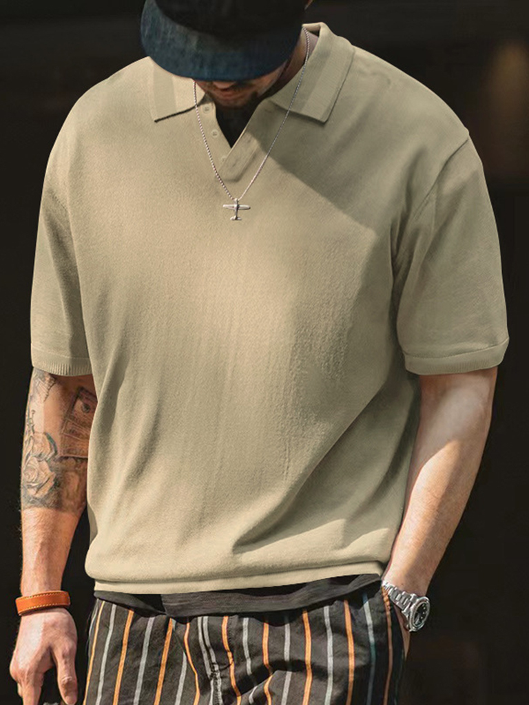 Retro V Lapel Loose Knit Short Sleeve Solid Color Fashion Casual V Neck Men's POLO Shirt