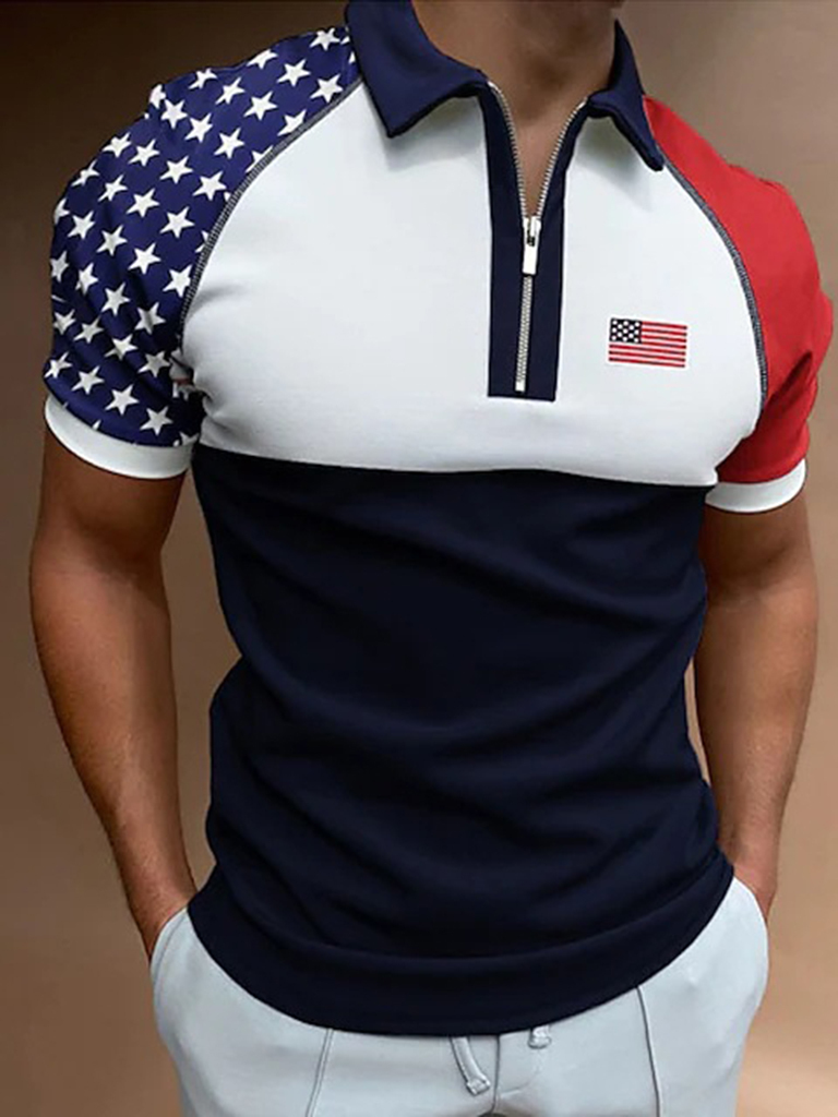 Men's Color Contrasting Flag Print Short Sleeve Zip Lapel Polo Shirt