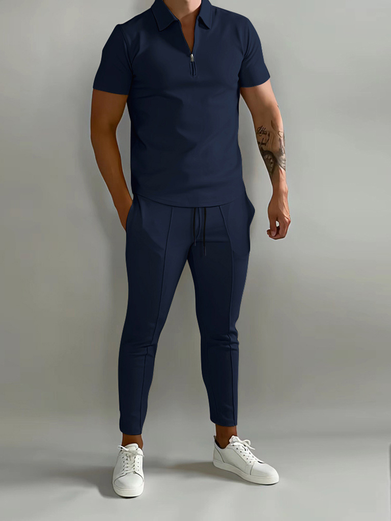 Men's solid color lapel short-sleeved POLO shirt + trousers two-piece suit