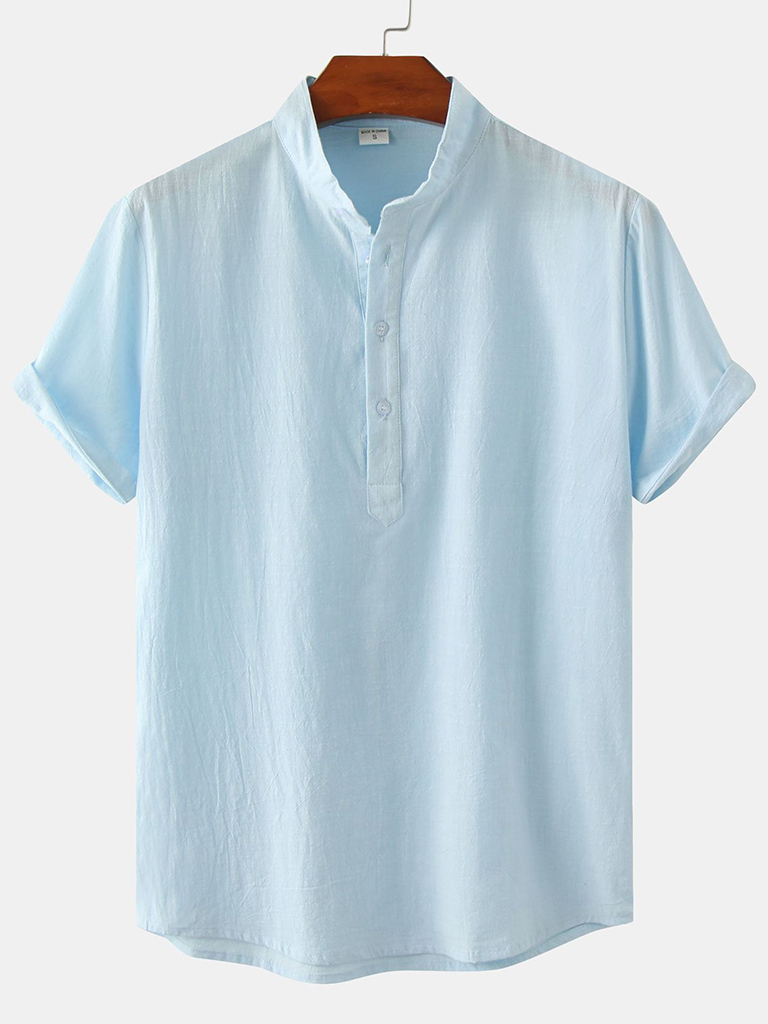 Men's Cotton Linen Stand Collar Casual Short Sleeve Shirt Beach T-Shirt Shirt