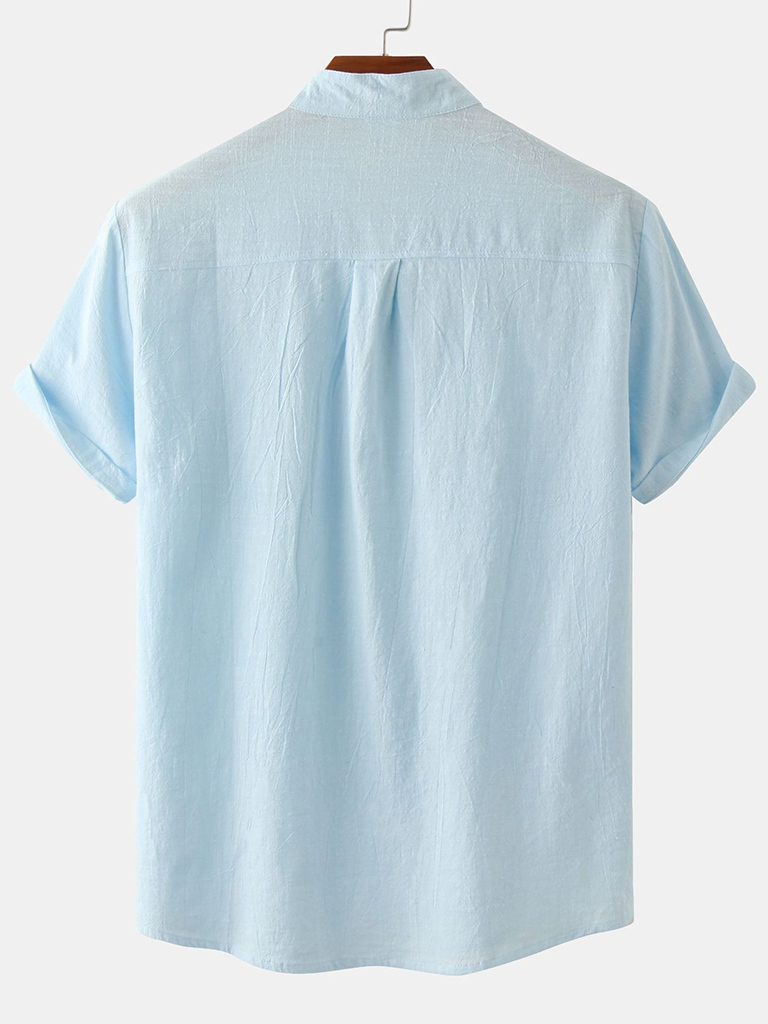Men's Cotton Linen Stand Collar Casual Short Sleeve Shirt Beach T-Shirt Shirt