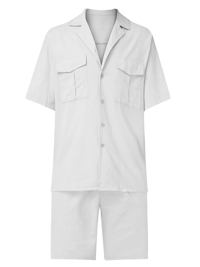 Men's Short-sleeved Shirt Set Casual Cotton Linen Cardigan Shirt + Shorts