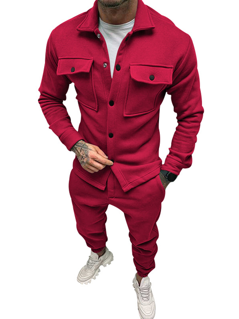 Men's new long-sleeved trousers single-breasted jacket solid color slim two-piece set