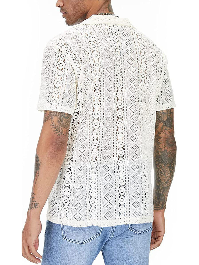 New fashionable lace floral button hollow see-through short-sleeved shirt
