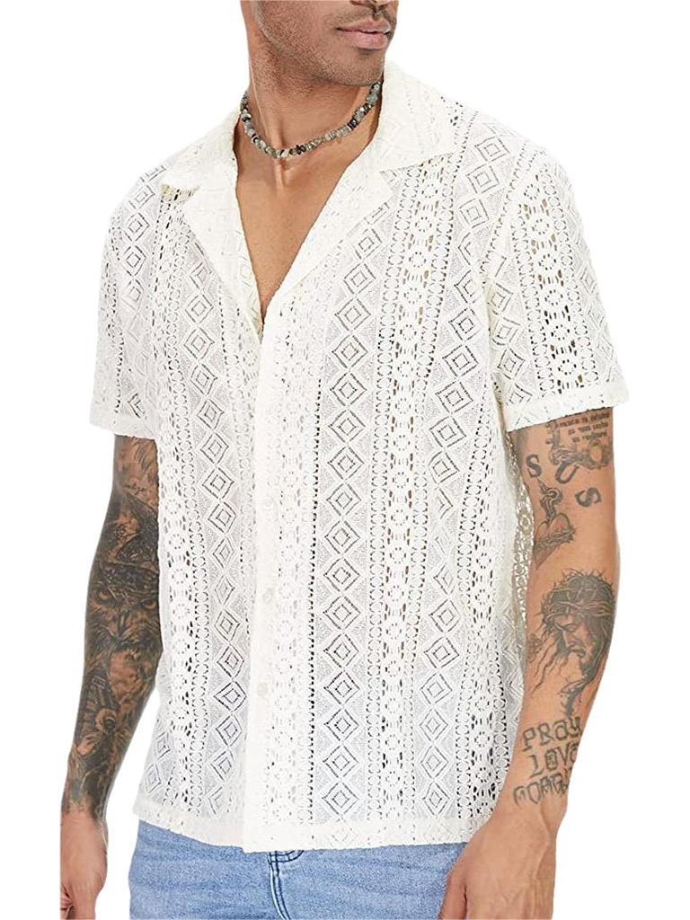 New fashionable lace floral button hollow see-through short-sleeved shirt