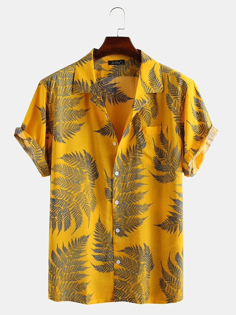 Men's Casual Loose Beach Wear Maple Leaf Print Short Sleeve Shirt