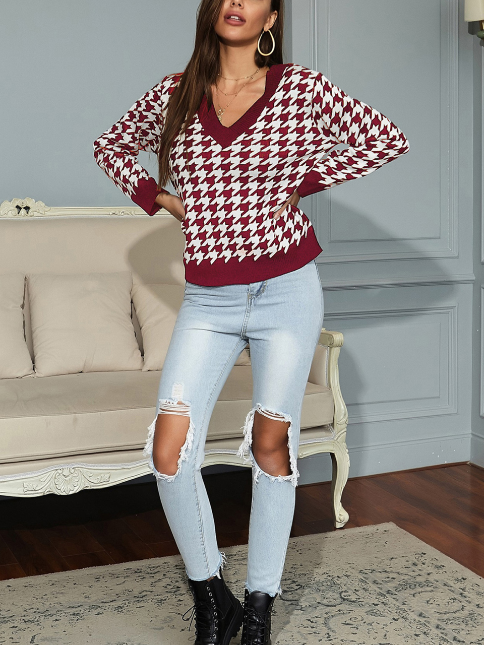 Women's Fashion Trend Houndstooth Sweater