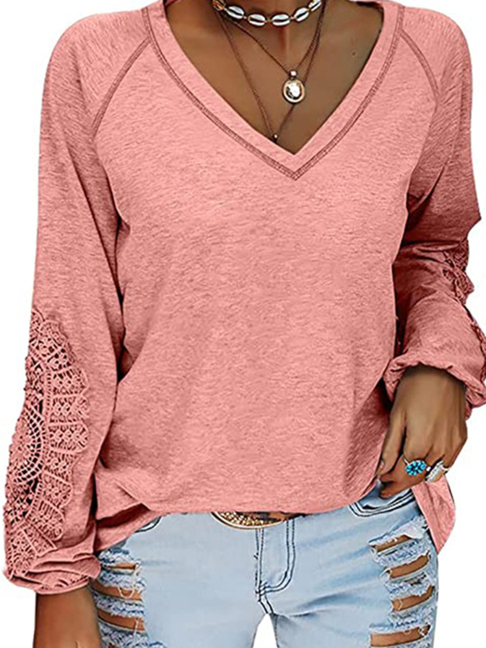 Women's Fashion Casual V Neck Lace Top
