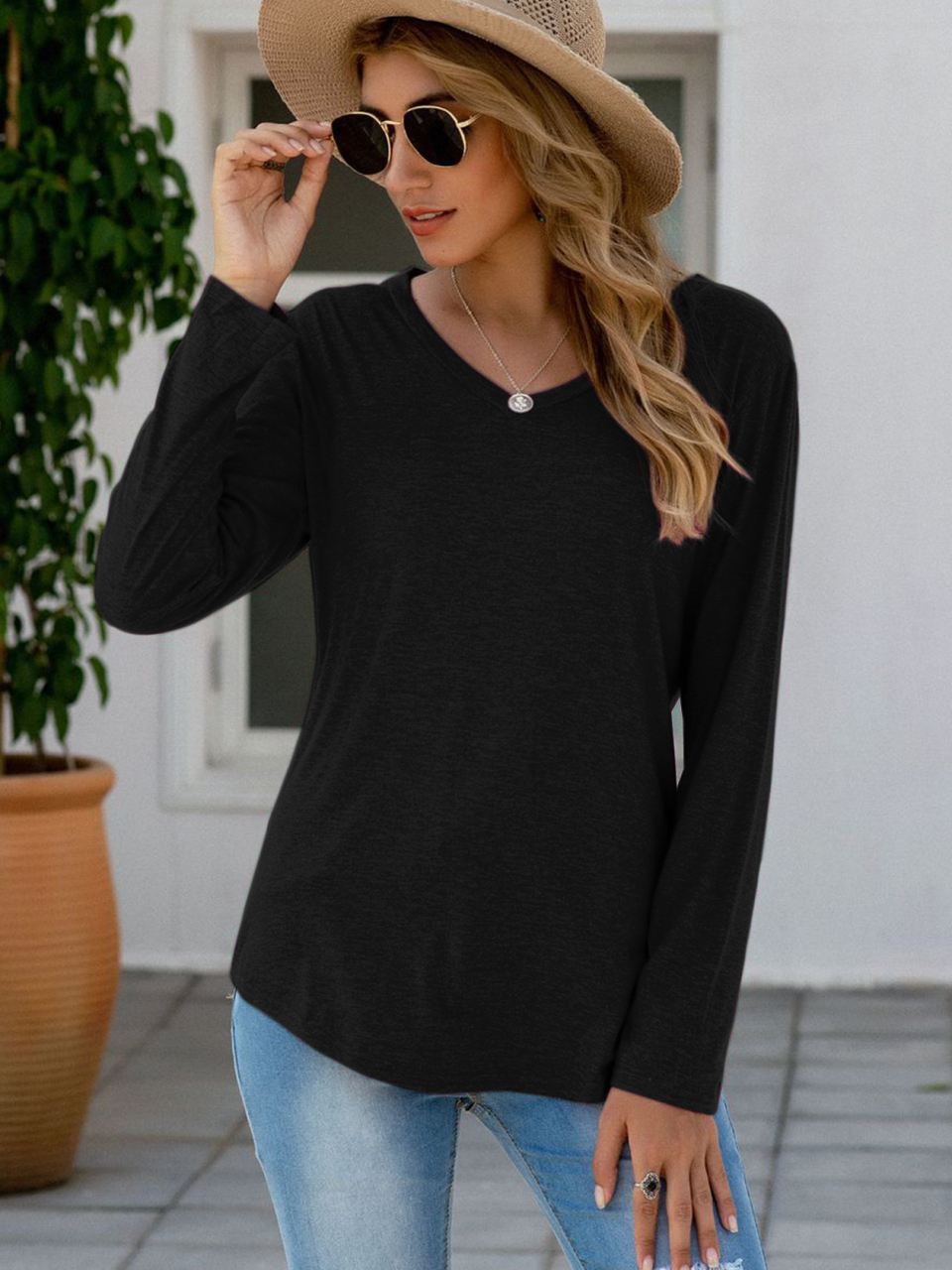 Women's Fashion Casual Solid Color V Neck Tops