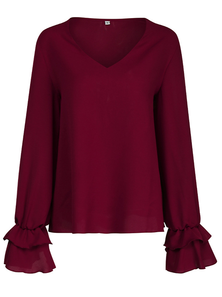 Casual Loose Solid Color V-Neck Long Sleeve T-Shirt Top Women