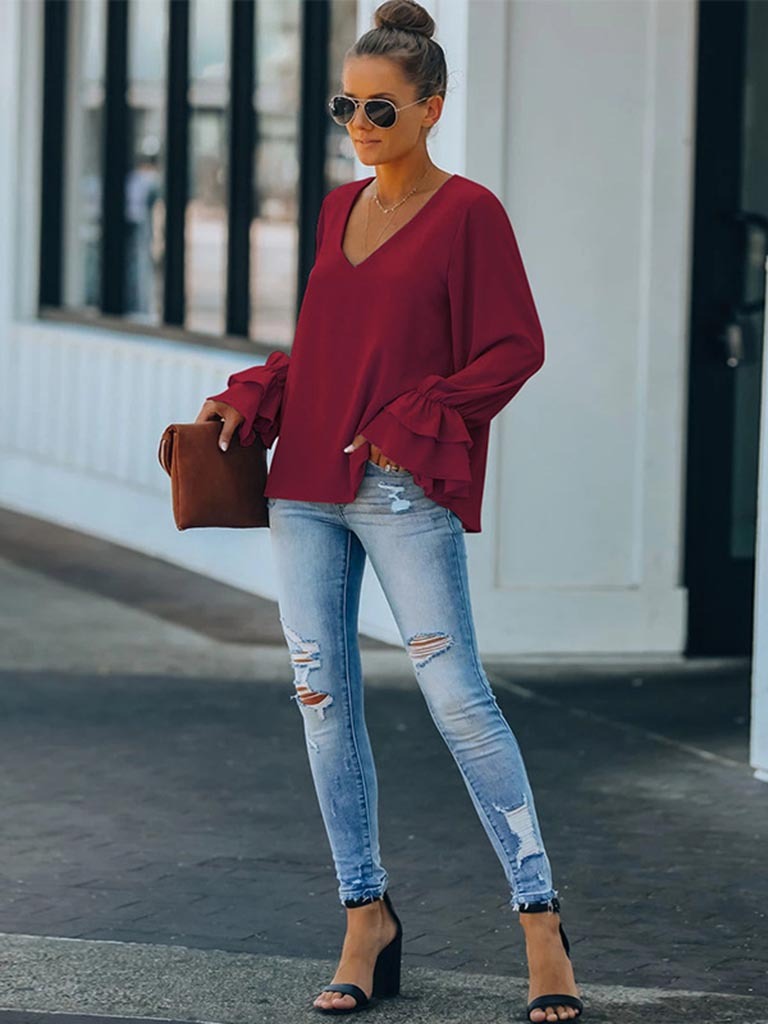 Casual Loose Solid Color V-Neck Long Sleeve T-Shirt Top Women