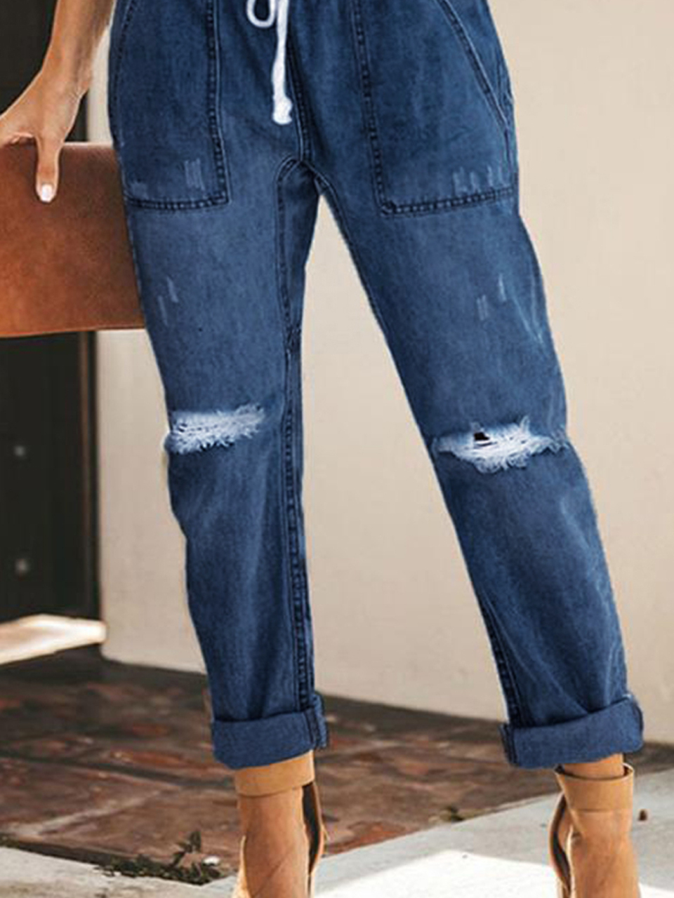 Ladies Fashion Elastic Waist Drawstring Jeans