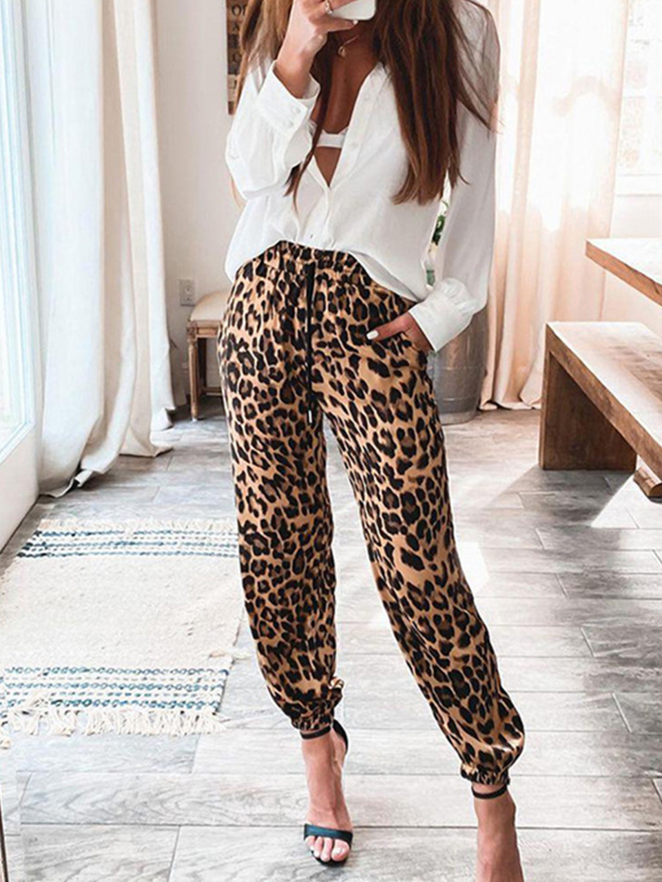 Women's Pants Leopard Print Stretch Waist Casual Pant