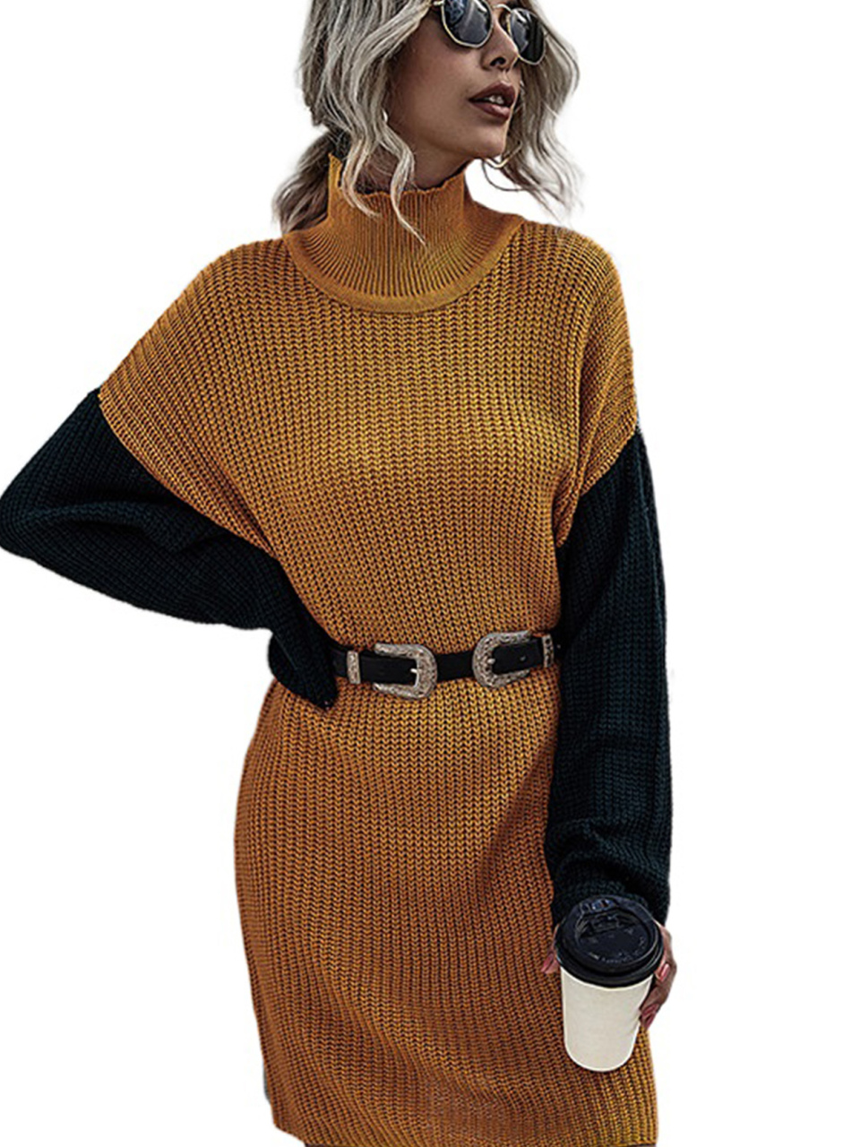 Ladies Pullover Contrast Color Stitching Sweater Dress