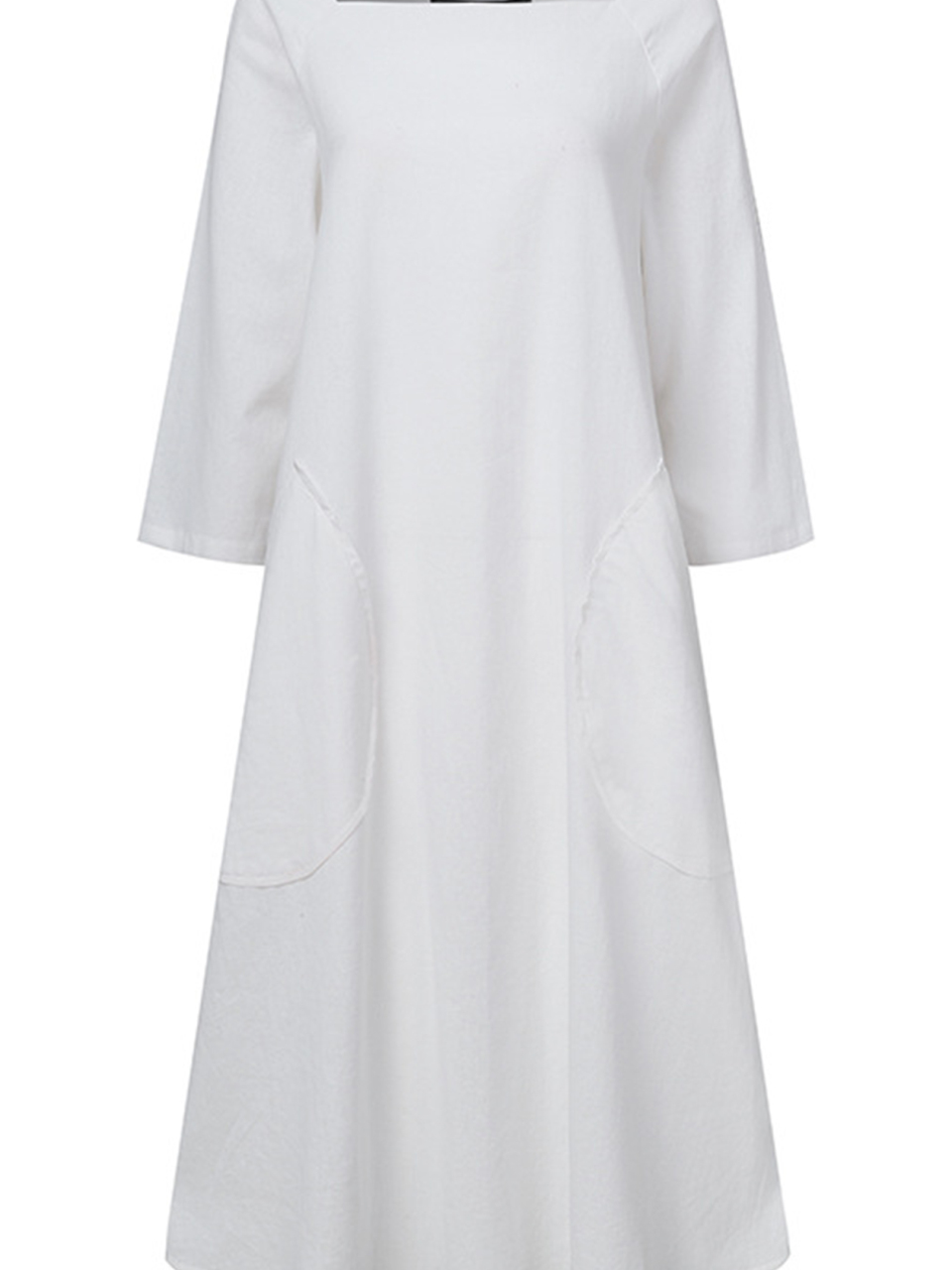 Women's Plain Cotton Casual Dress With Square Collar And Pocket