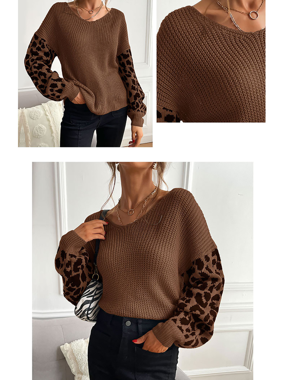 Ladies Crew Neck Leopard Print Contrasting Pullover Sweater