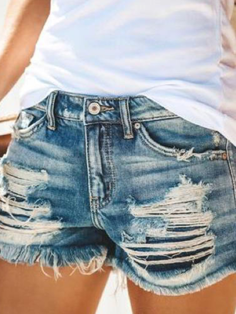 Women's High-Waisted, Fringed, Cut-Out Denim Shorts