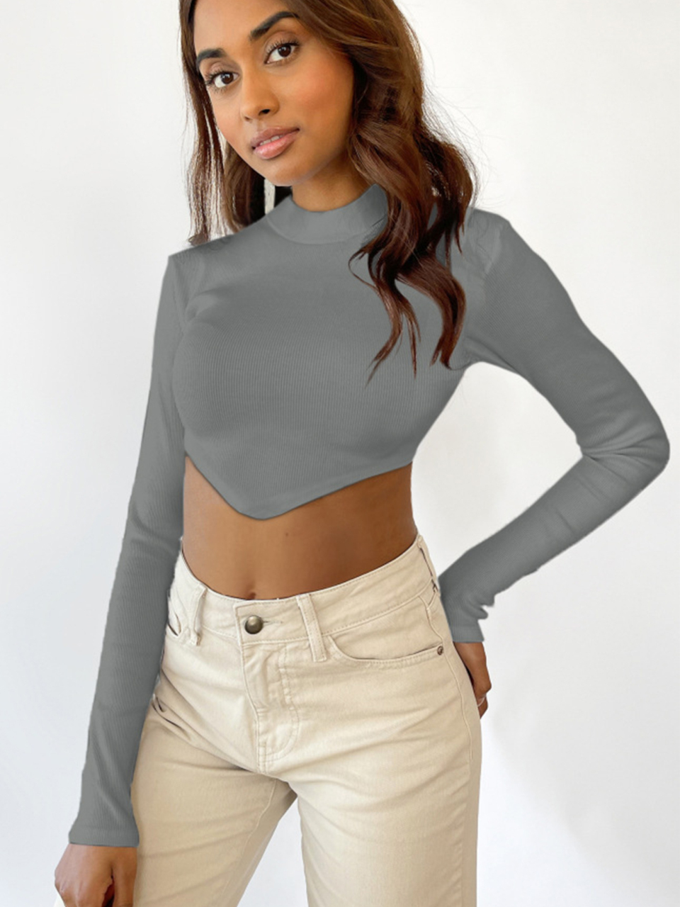 Monochrome Sexy Halter Top With Half-High Neck And Long Sleeves