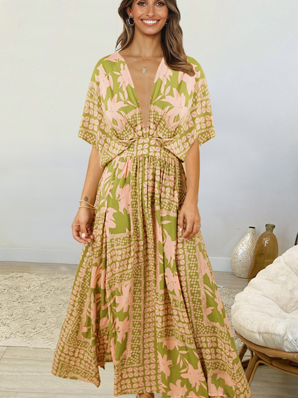 Women's Doll Sleeve V-Neck Print Beach Dress