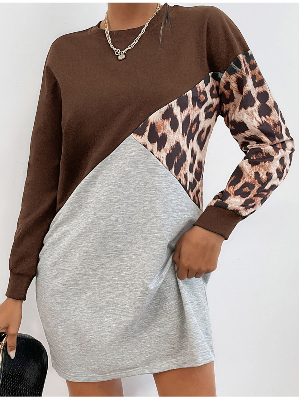 Ladies Patchwork Crew Neck Long T-Shirt Leopard Print Sweater Dress