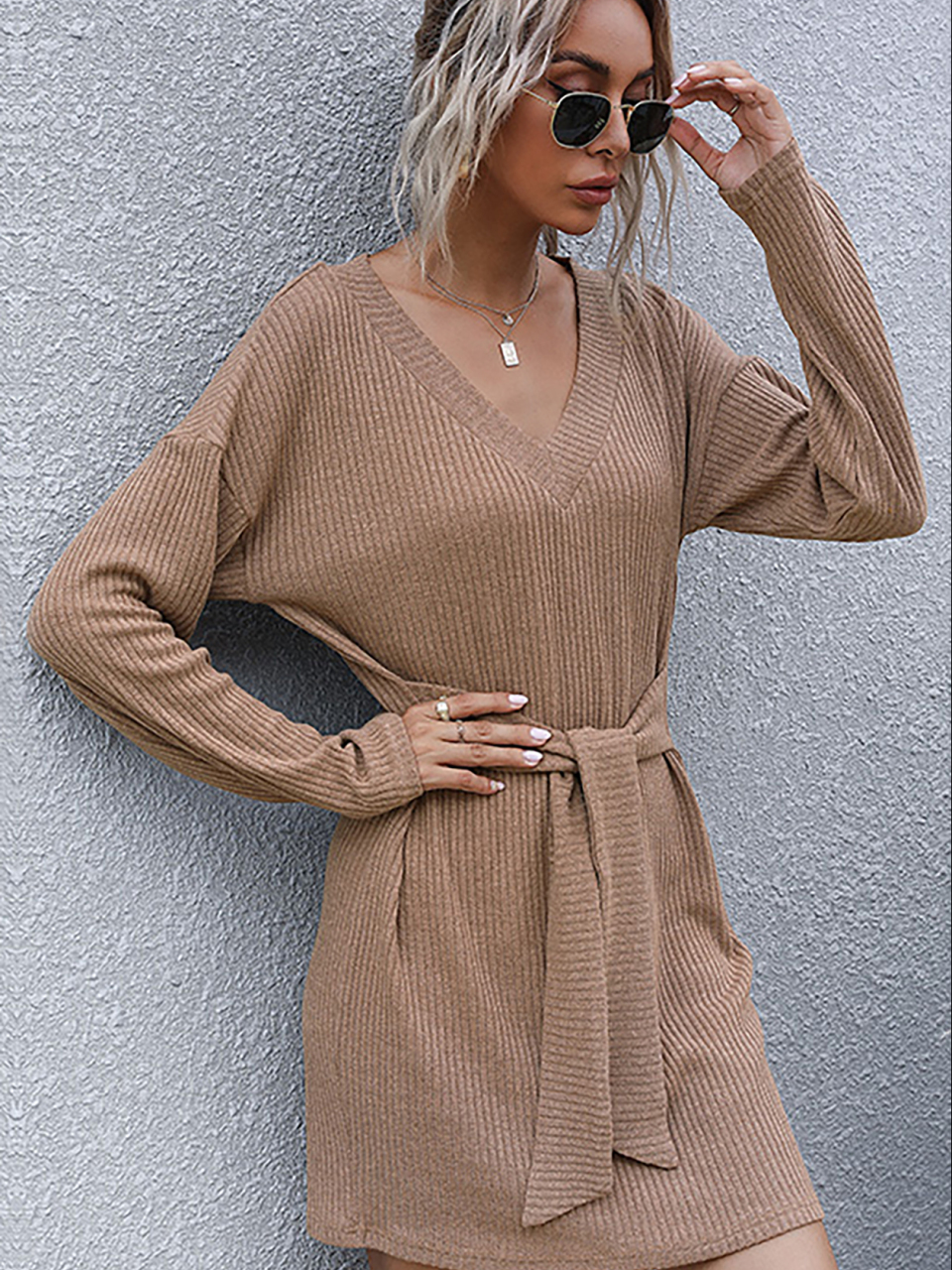 Ladies Long Sleeve Solid Color V-Neck Knit Sweater Dress