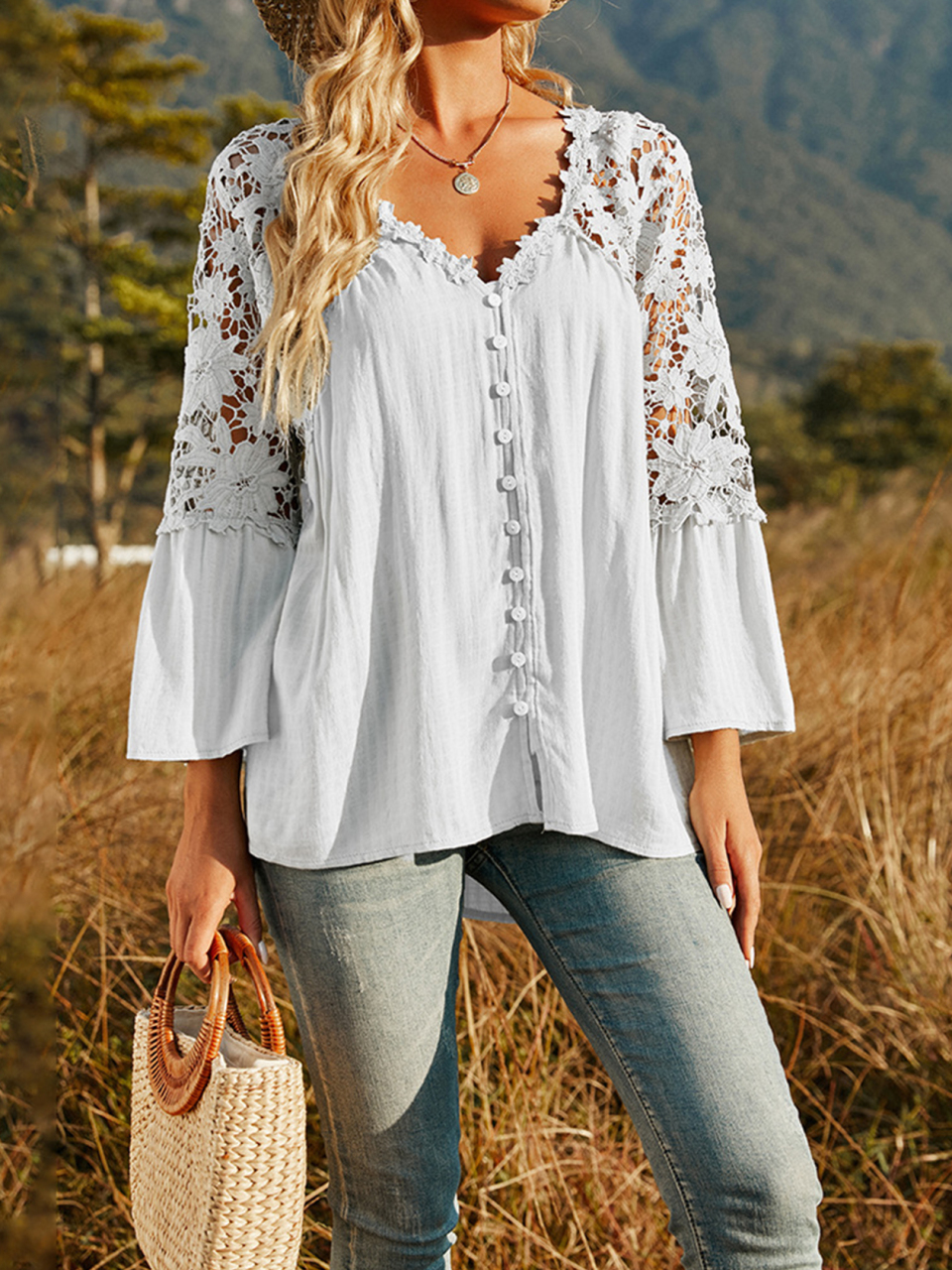 Women's Solid Deep V Pullover Chiffon Blouse