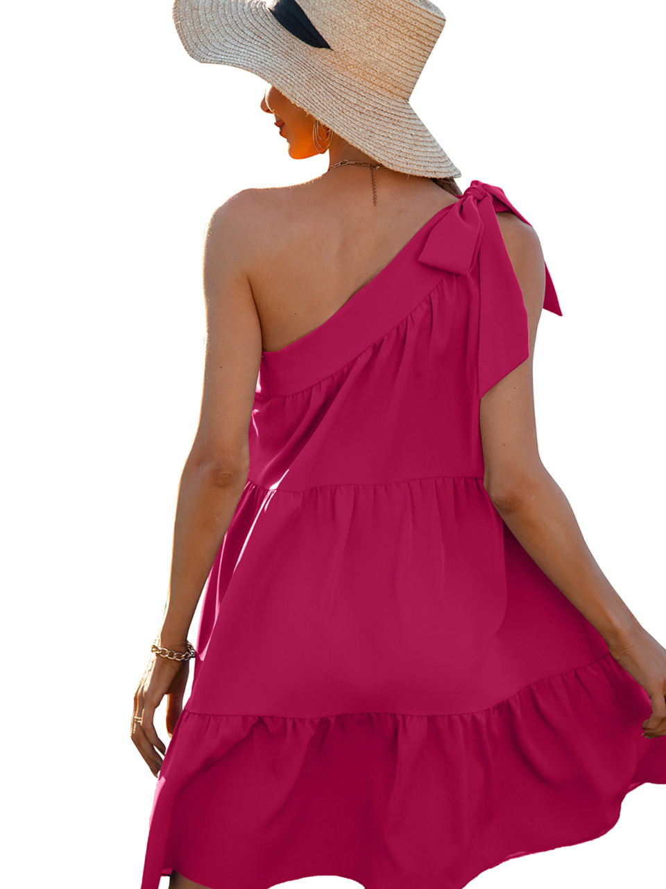 Women's Diagonal Neck Solid Color Ruffle Dress
