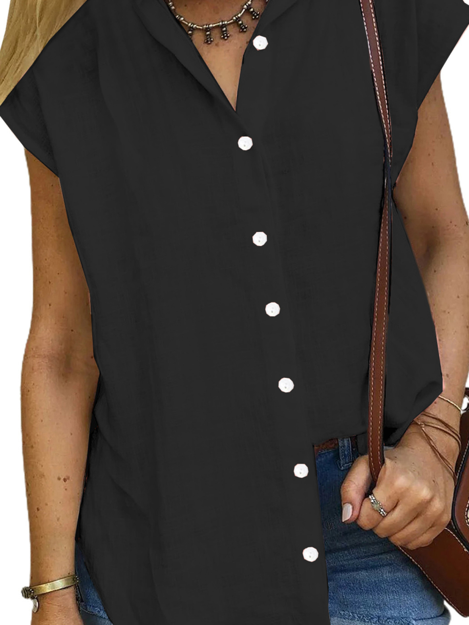 Linen Lapel Button Raglan Short Sleeve Shirt Curved Slit Hem Blouse