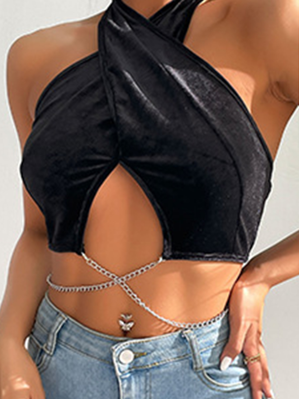 Women's Solid Knit Chain Velvet Halter Tank Top