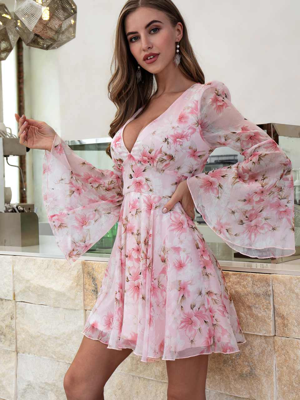 Women's Sexy V-Neck Floral Print High Waist Flared Sleeve Dress